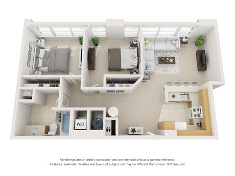 Floor plan for 2 beds, 1 bath, 1047 sqft